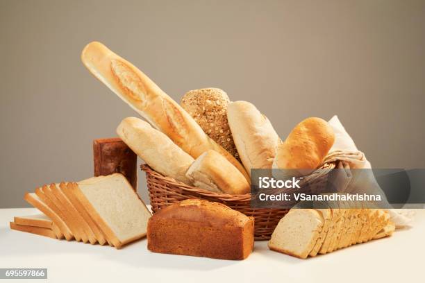 Basket With Assorted Baking Products Stock Photo - Download Image Now - Bread, Loaf of Bread, Bakery