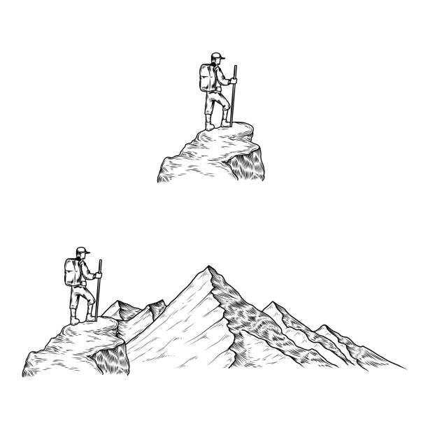 Set of hand drawn vector illustrations the mountains with a tourist in engraving style