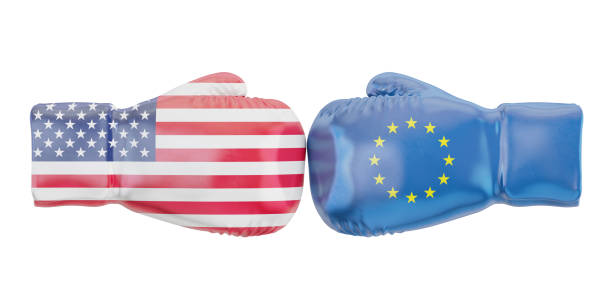 istock Boxing gloves with USA and EU flags. Governments conflict concept, 3D rendering 695604048
