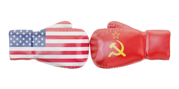 gants de boxe avec drapeaux usa et l’urss. notion de conflit de gouvernements, 3d rendering - boxing glove battle business fighting photos et images de collection