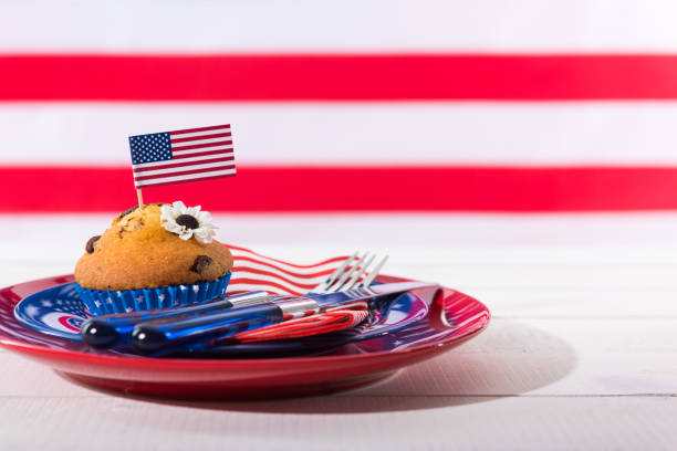istock Beautiful blue red and white patriotic table setting 695604642