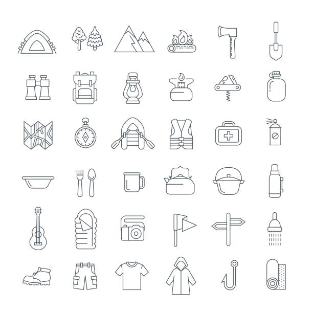 Summer tourism camping thin line flat icons Summer camping thin line icons. Vector flat outline graphics. Outdoor recreational activity. Hiking tourism tools, clothes, objects. Wild nature travel. Forest camp equipment. Mountain exploring binoculars patterns stock illustrations