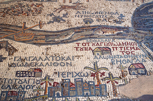 Madama: the Madaba Mosaic Map, a map with hills, valleys and towns in Palestine and the Nile Delta dating from the 6th century on the floor of the Greek Orthodox Basilica of Saint George