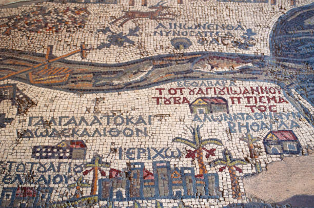 Madama: the Madaba Mosaic Map, a map with hills, valleys and towns in Palestine and the Nile Delta dating from the 6th century on the floor of the Greek Orthodox Basilica of Saint George Madaba, Jordan - September, 30, 2013: the Madaba Mosaic Map, a map with hills, valleys and towns in Palestine and the Nile Delta dating from the 6th century on the floor of the Greek Orthodox Basilica of Saint George ancient christianity stock pictures, royalty-free photos & images