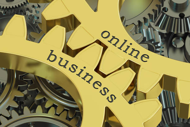 istock online business concept on the gearwheels, 3D rendering 695608230