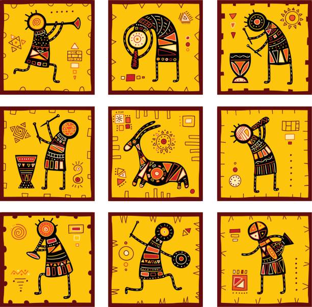 Set of 9 backgrounds with African ethnic patterns Collection of nine patterns with African ethnic ornaments with animal and dancing musicians of yellow, orange, black and red color. EPS8 african musical instrument stock illustrations