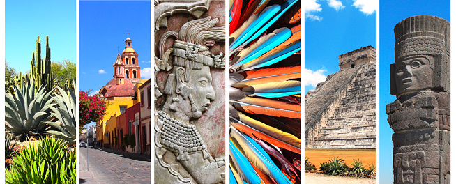 Collection of vertical banners with famous landmarks of Mexico - pyramid of Kukulcan, bas-relief of mayan king Pakal, tower bell in Queretaro, atlantean in Tula