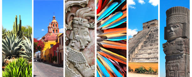 Set of banners with landmarks of Mexico Collection of vertical banners with famous landmarks of Mexico - pyramid of Kukulcan, bas-relief of mayan king Pakal, tower bell in Queretaro, atlantean in Tula kukulkan pyramid photos stock pictures, royalty-free photos & images