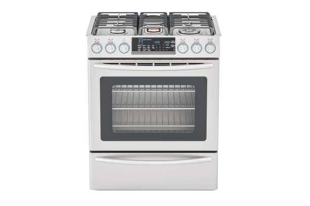 istock Steel gas cooker with oven front view, 3D rendering isolated on white background 695615856