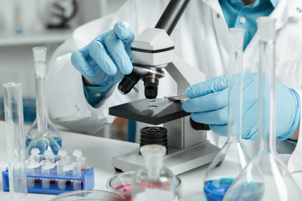 men in a laboratory microscope with microscope slide in hand stock photo