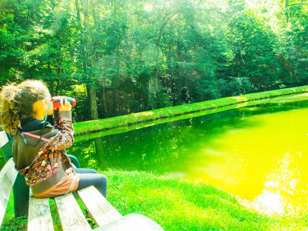 Young photographer woman making sunset photos of a nice lake in nature. She looks at camera smiling while reviews the pictures she has taken