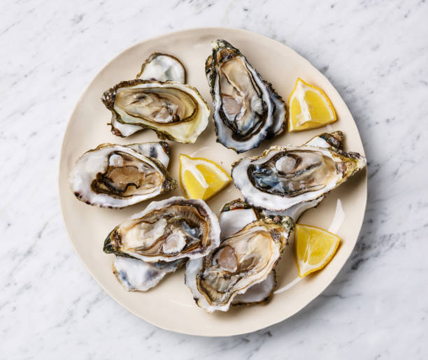 オープンは、レモンとカキを shucked - prepared oysters prepared shellfish shucked seafood ストックフォトと画像