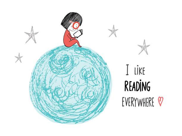 I like reading everywhere. Little girl reading in the Moon. Hand drawn vector illustration. I like reading everywhere. Little girl reading in the Moon. Hand drawn vector illustration. reading stock illustrations