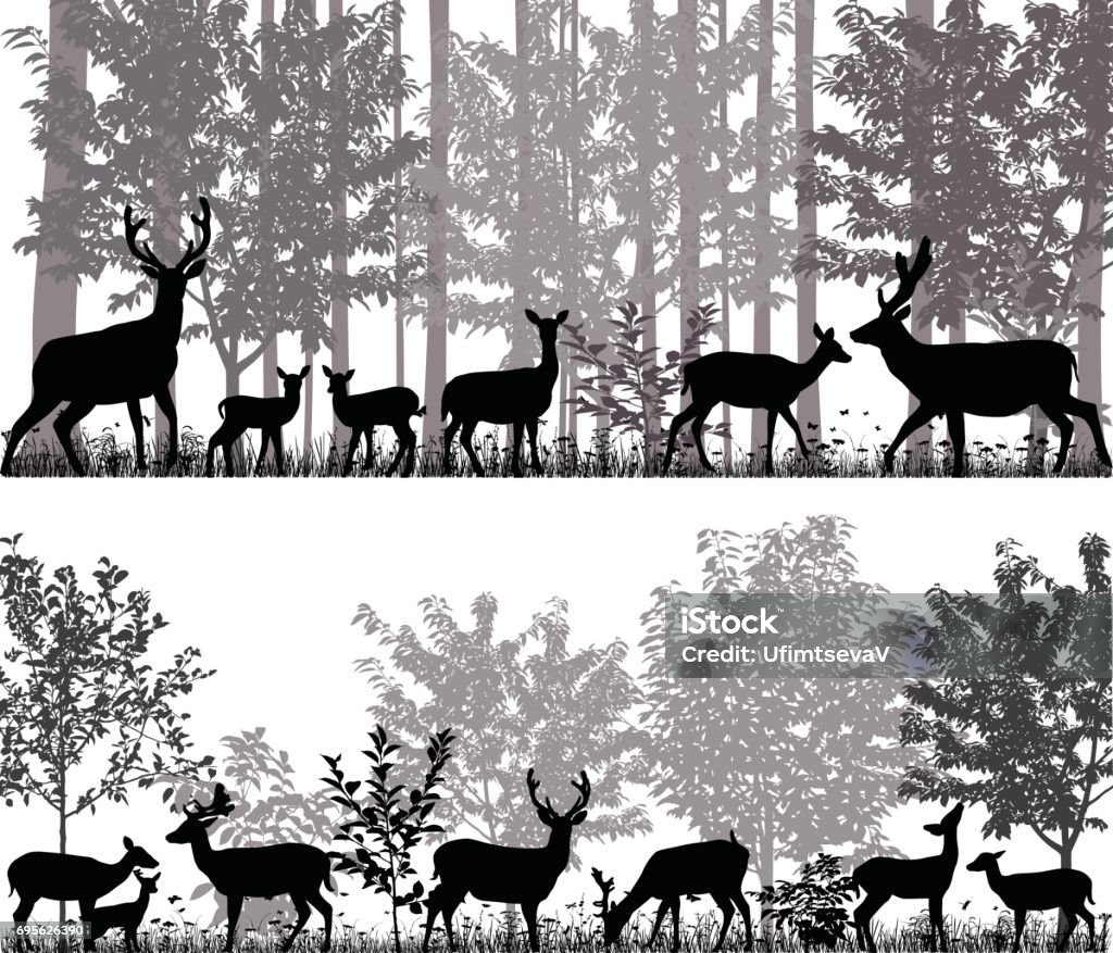 Herd of deer A herd of deer in silhouettes on the background of trees Deer stock vector