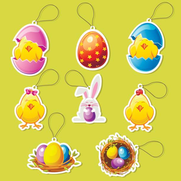 illustrazioni stock, clip art, cartoni animati e icone di tendenza di confeziona adesivi icona cartone animato per pasqua - animal egg chicken new cracked