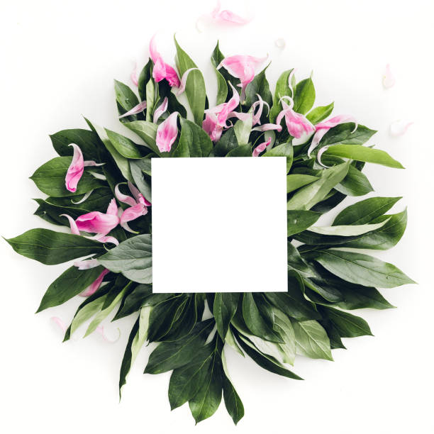 istock Pastel wooden frame decorated with green leaves, space for text. mock up 695636900