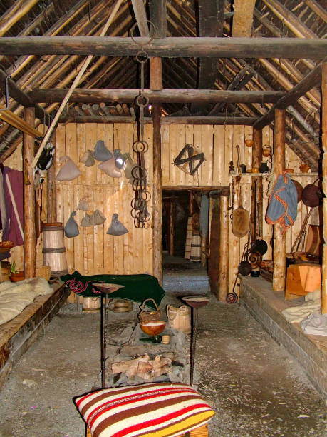 re-creation of the interior of a viking timber-and-sod-longhouse at l'anse aux meadows - l unesco imagens e fotografias de stock