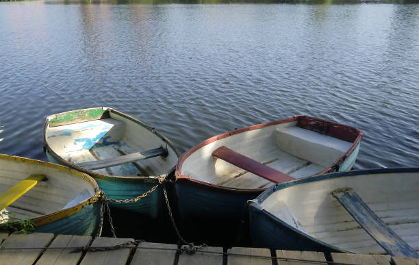 istock Old wooden boats docked on a peaceful river 695637926