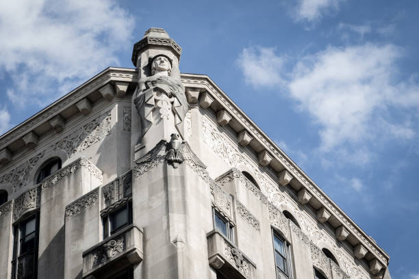 Art Deco statue on the corner of an American courthouse