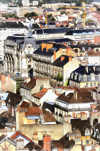 Colorful painting of cityscape aerial view, Dijon, France