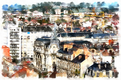 Colorful painting of cityscape aerial view, Dijon, France