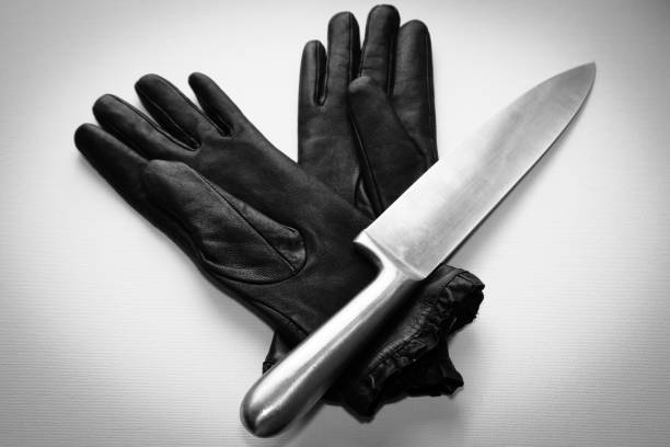 istock A black and white photo of a knife(murder weapon) and a two gloves on a plain background. This image can also be used to represent crime scene evidence. 695642100