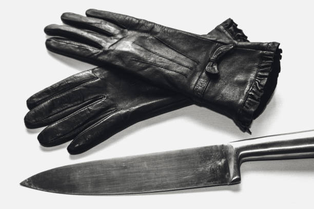 istock A black and white photo of a knife(murder weapon) and a two gloves on a plain background. This image can also be used to represent crime scene evidence. 695644508