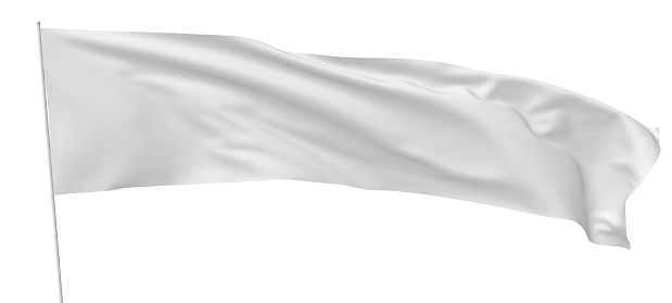 White long flag on flagpole flying and waving in the wind isolated on white, 3d illustration