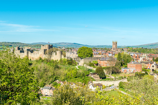 London: Ludlow Castle and town - view from a hill, Ludlow, Shropshire, England, UK