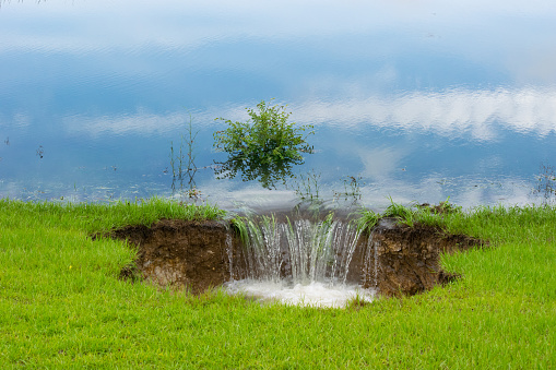 A sinkhole in a grassy slope at the water's edge filling with water.