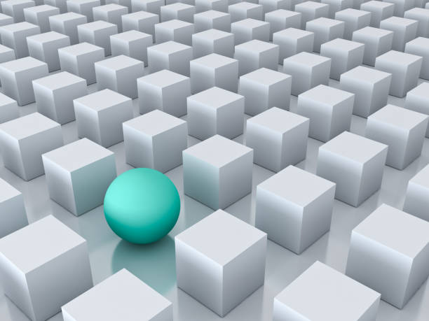 istock Stand out from the crowd and different creative idea concepts , One green sphere among other white cubes on white background with reflections and shadows . 3D render 695667026
