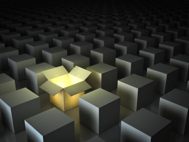 Stand out from the crowd , different creative idea concepts , One luminous opened light box glowing among closed white square boxes on dark background with reflections and shadows. 3D render