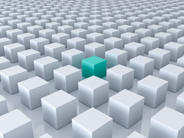 Stand out from the crowd and different creative idea concepts , One green cube amongs other white cubes on white background with reflections and shadows