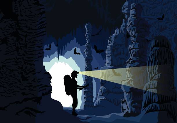 wektor dziewczyna jaskinia w jaskini ze stalaktytami i stalagmitami i nietoperzami - stalagmite stock illustrations