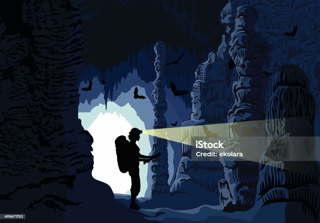 Vector girl caver in cave with stalactites and stalagmites and bats Cave stock vector