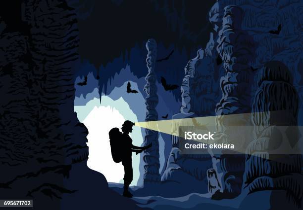 Vector Girl Caver In Cave With Stalactites And Stalagmites And Bats Stock Illustration - Download Image Now