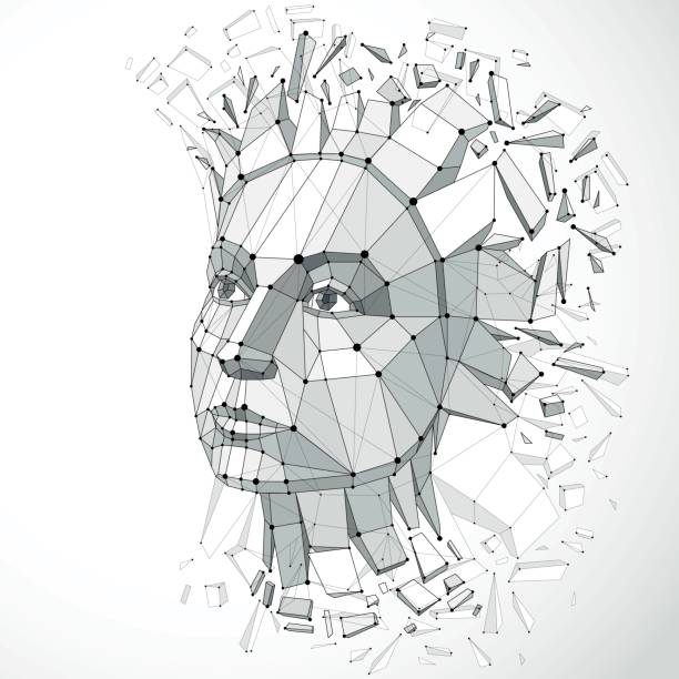 istock Vector dimensional low poly female portrait with lines mesh, graphic illustration of human head broken into fragments. 3d demolished wireframe object created with fractures and different particles. 695672082