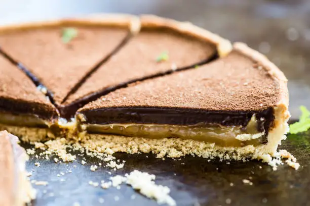 Slices of Salted Caramel andChocolate Tart on Dark Background