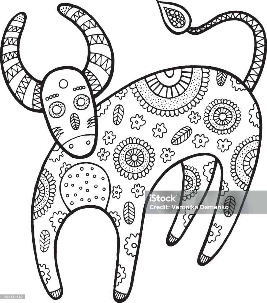 Coloring page with cartoon cow Coloring page with cartoon cow. Farm animal hand drawn vector illustration for kids and adult coloring book. Antistress graphic art. Abstract stock vector