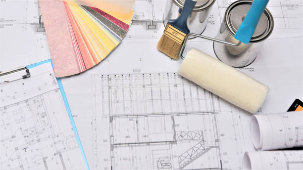painting equipment with floor plans - home decorating fabric swatch color swatch blueprint imagens e fotografias de stock