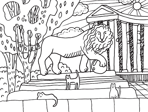 Monument with lion and cats on him in Odessa. City landscape with colonnade - vector coloring page for adults. Hand drawn illustration for coloring book, card, poster and design