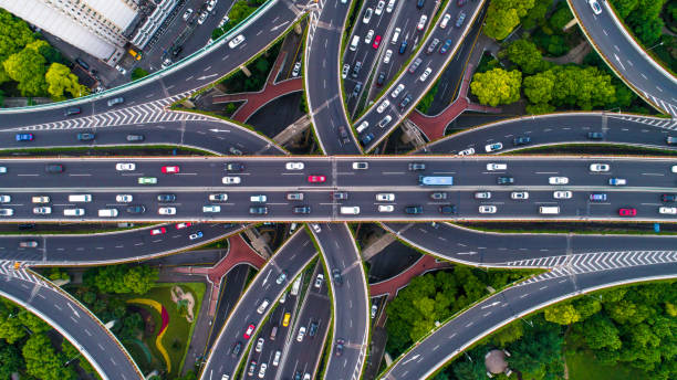 Aerial view of Shanghai Highway Aerial view of Shanghai City highways rush hour photos stock pictures, royalty-free photos & images