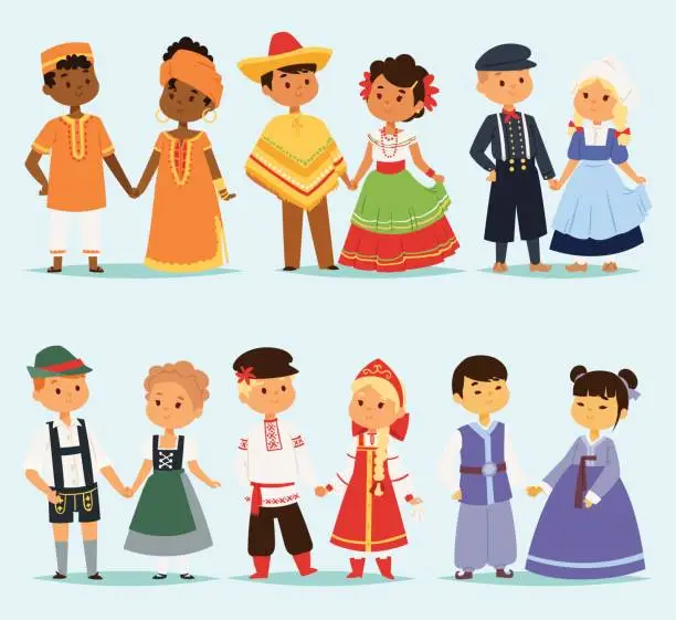 Vector illustration of Lttle kids children couples character of world dress girls and boys in different traditional national costumes and cute nationality dress vector illustration