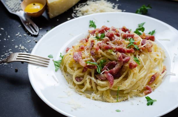 istock Pasta Carbonara. Spaghetti with bacon and parmesan cheese. 695685380