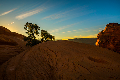 The red canyon formed by sandstone near by Delicate Arch, at sunrise. The Arches National Monument, Utah, USA, North America. Unique geological formation.