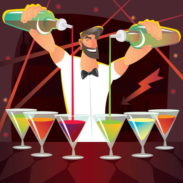 Fun bartender preparing several cocktails at party Fun and fashionable bartender in white shirt with black bow tie is preparing several cocktails. Master class at the party. Around the light music cocktail bar busy stock illustrations