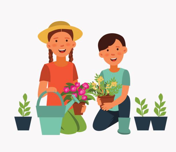 illustrations, cliparts, dessins animés et icônes de enfants mignons de jardinage. enfants, planter des fleurs. souriante jeune fille et garçon, frère et soeur, travailler dans le jardin - preschooler playing family summer