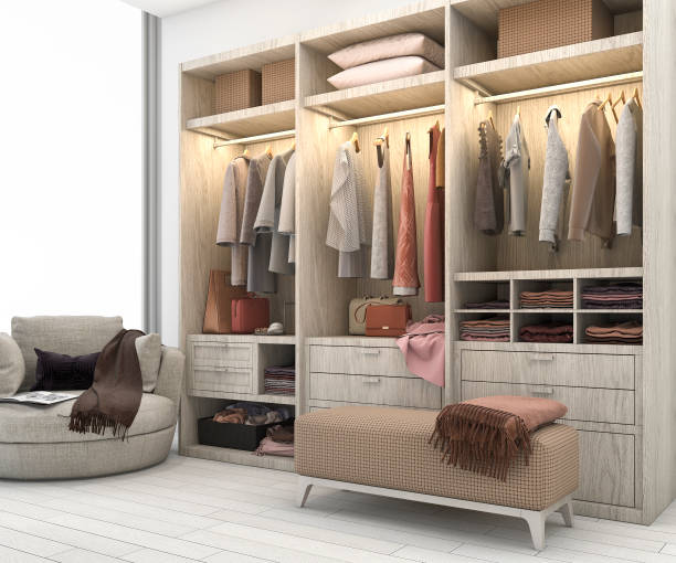 istock 3d rendering minimal scandinavian wood walk in closet with wardrobe 695707840