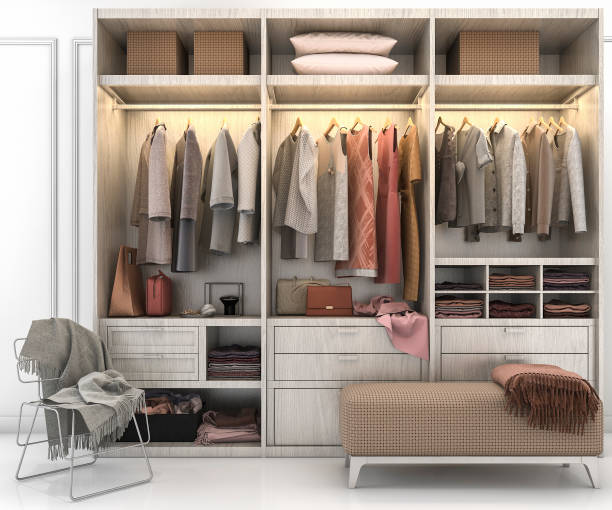 istock 3d rendering minimal scandinavian wood walk in closet with wardrobe 695707844