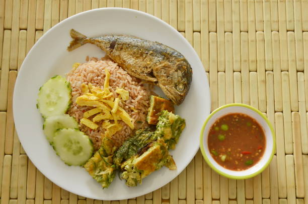 istock spicy fried rice shrimp chili paste sauce with egg and mackerel 695708452